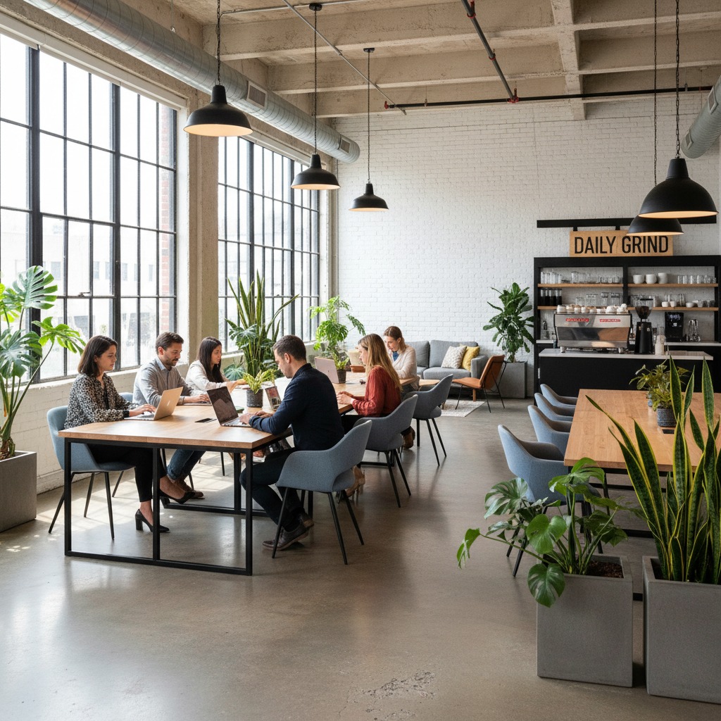 Varias personas trabajan con sus ordenadores portátiles en una mesa larga dentro de una oficina moderna y luminosa con plantas y una zona de cafetería al fondo.